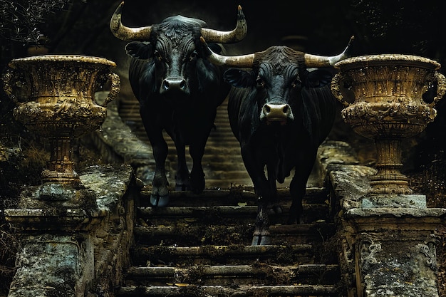 Featuring a corporate investment stichfeld and bulls walking stairs in the dark