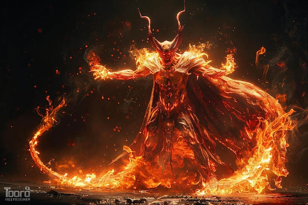 Photo featuring a demon in flames orange and red colors full body shot black background hyper realist