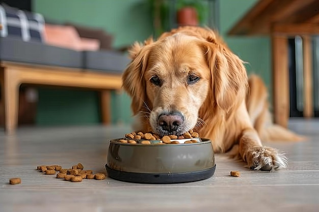 Photo featuring golden retriever eating dog food from bowl on floor against green wall