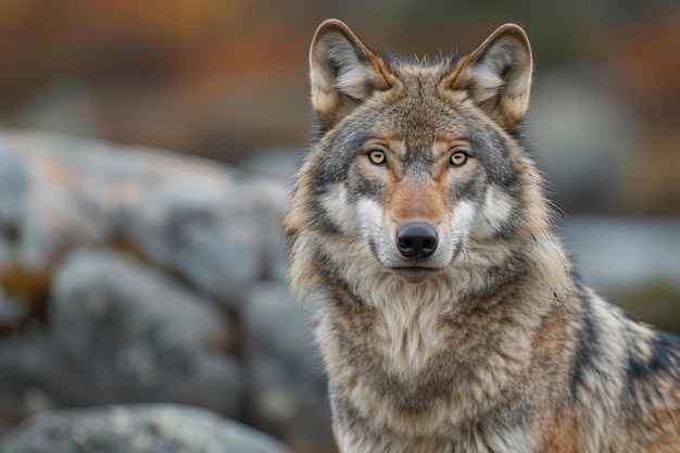 Featuring a gray wolf in front of rocks high quality high resolution