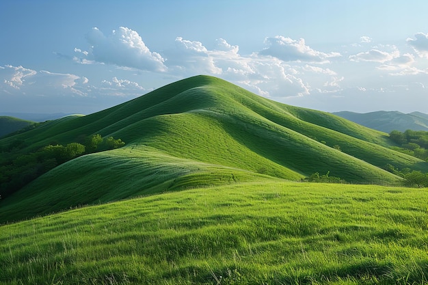 Featuring a green hill with undulating hills covered in short grass and sunlight shining on it th