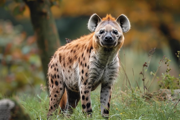 Featuring a hyena standing in the grass looking at the camera a professional photography