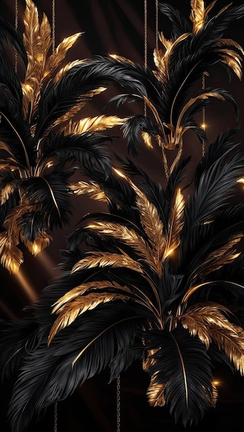 Photo featuring intricately entwined black and gold palm branches and leaves that appear to be suspended i