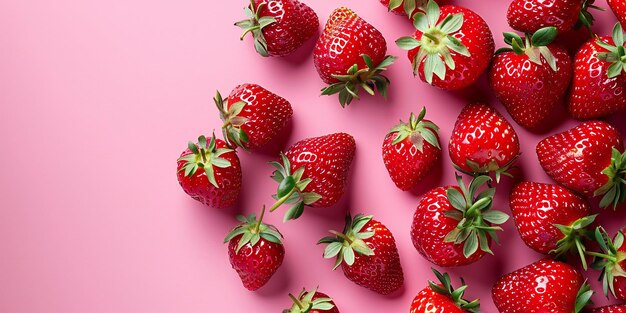 Featuring Minimalist pink background with strawberries scattered on the right side empty space for