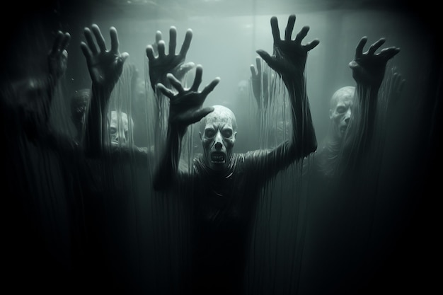 Photo featuring a multiple ghostly hands and faces behind foggy glass creepy vibes horror