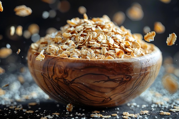 Featuring Oats in a wooden bowl flying on a black background top view