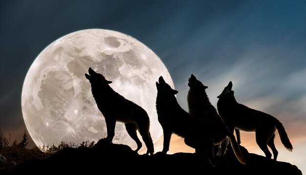 Photo featuring a pack of wolves howling at the full moon