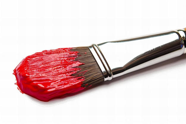 Photo featuring paintbrush with red paint isolated on white background detailed photo