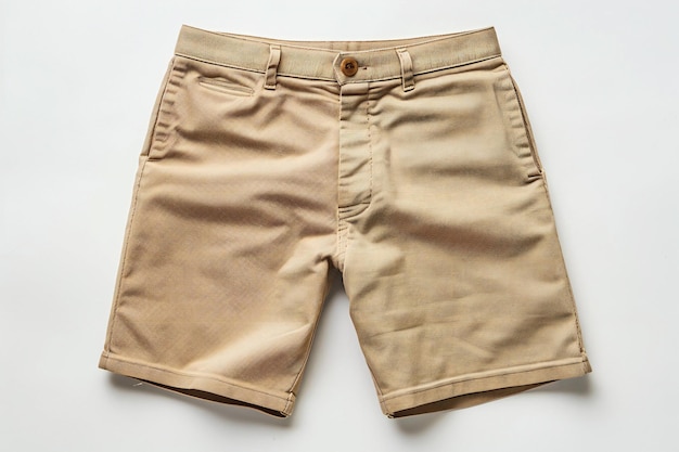 Featuring a pair of beige shorts with an americanstyle cut solid color fabric and flat front view o