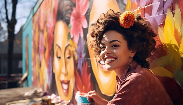 Featuring a photo story of a happy woman participating in a mural project for Womens Day