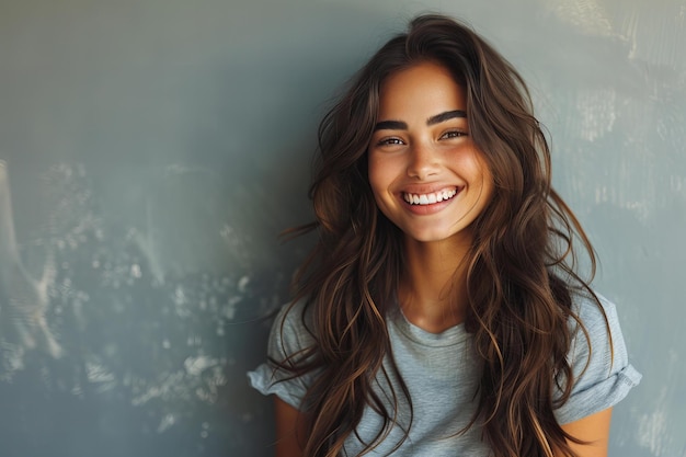 Featuring a portrait of beautiful smiling woman with long wavy hair wearing grey tshirt standing ove