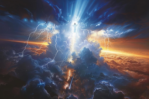 Photo featuring a powerful depiction of jesus christ floating above the clouds with rays shining down on