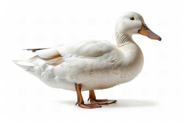 Featuring a realistic white duck on the side standing on two legs isolated on pure white backgroun