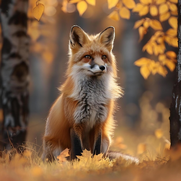 featuring Red fox in the autumn forest yellow leaves on the grass beautiful natural background wi