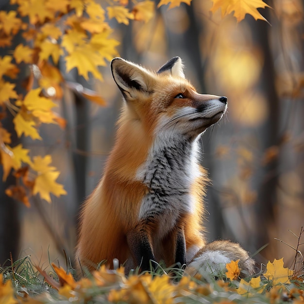 featuring Red fox in the autumn forest yellow leaves on the grass beautiful natural background wi