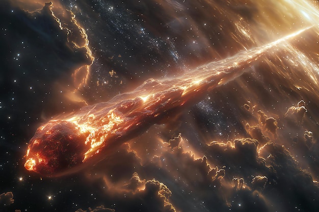 Featuring the red and white meteor emitting flames from its body falls into the universe the back