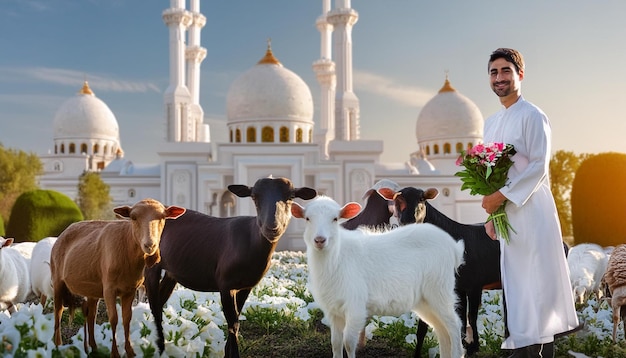 featuring a serene mosque in the background symbolizing the spiritual significance of Eid alAdha