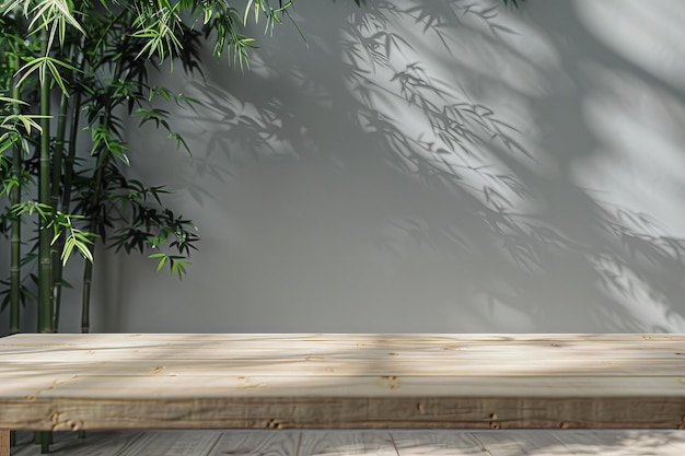 Featuring a simple wooden table with bamboo leaves in the background light gray wall minimalist i