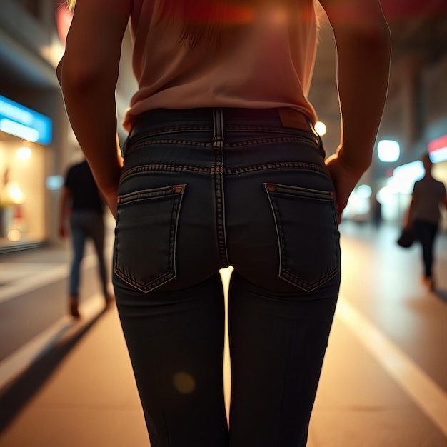 Featuring Street photography of a womans back showing jeans pockets with motion blur and cinematic