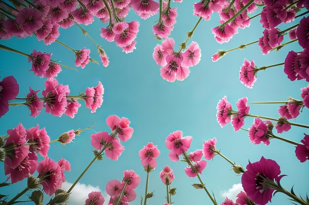 Featuring Tall hollyhocks with vibrant blooms against a bright sky