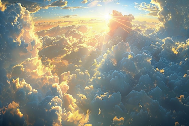 Featuring a view of the sun shining through clouds from above a beautiful sky in a hyper realisti