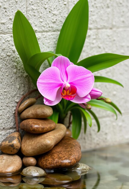 Featuring Wall with a pink orchid stones and water