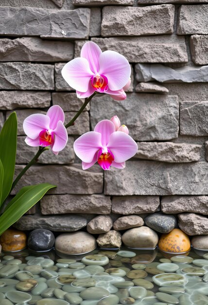 Featuring Wall with a pink orchid stones and water