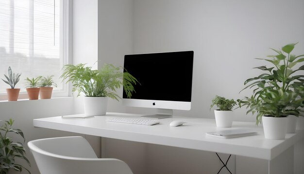 Featuring a white desk a green plant and plenty of natural light this is a minimalist home office wa