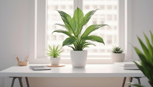 Featuring a white desk a green plant and plenty of natural light this is a minimalist home office wa