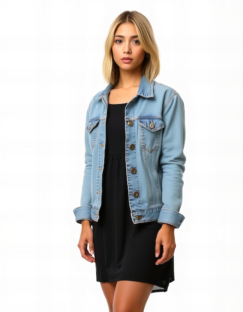 Featuring Woman wearing a casual denim jacket and dress