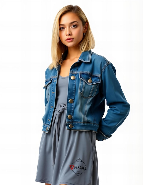 Featuring Woman wearing a casual denim jacket and dress