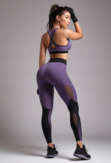 Photo featuring woman wearing a lavender sports bra and black leggings