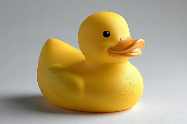 Featuring a yellow rubber duck isolated on white background simple and clean no shadow stock ph