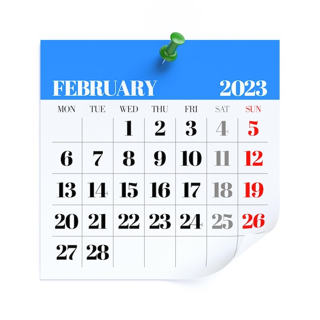 February 2023 Calendar Isolated on White Background 3D Illustration