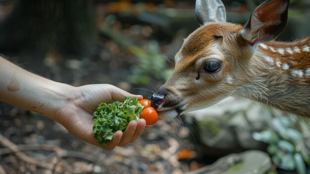 Photo feeding fresh vegetables to a deer at the zoo during a sunny day