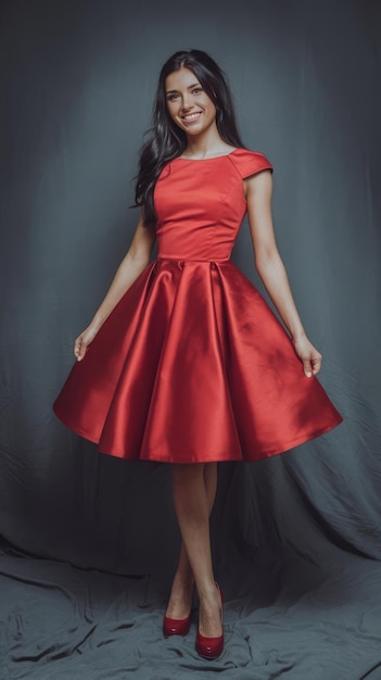 Feeling fabulous and free studio shot of a beautiful young woman posing in a red dress agnst a gray