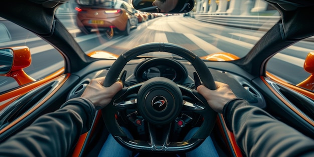 The feeling of power and control as a person grips the steering wheel of a highperformance sports