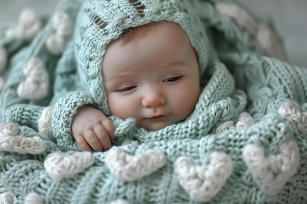 Feet of a baby in a blanket made of a white heart pattern