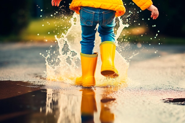 Feet of child in yellow rubber boots jumping over puddle in rain