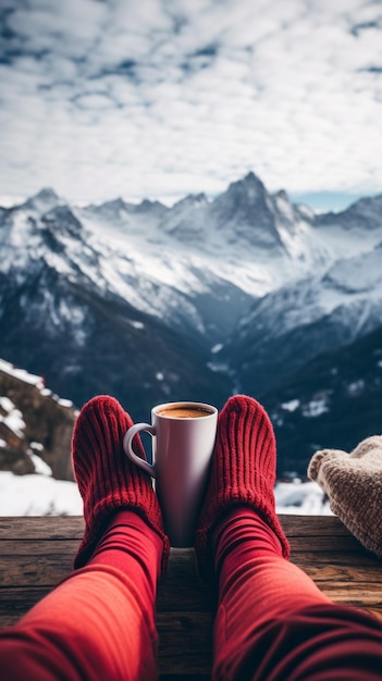 Feet in cozy warm wool socks and a cup of hot coffee against the background of high snowy mountains and blue sky The concept of winter holidays Travel Vacations in Nature