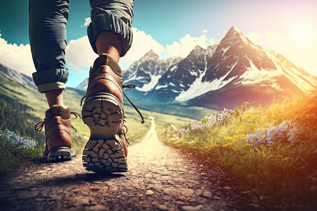 Feet of a Man Walking on a Pathway Towards a Mountain in Nature on a Bright Sunny Day