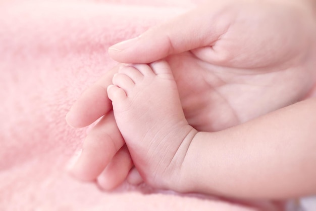 Feet of a newborn baby on white blanket in the hands of parents Mom and her child