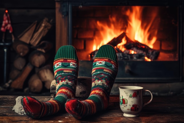 The feet person near the fireplace