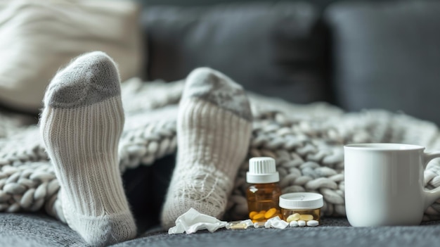 Photo feet in warm socks with medication and a mug nearby signal rest during recovery