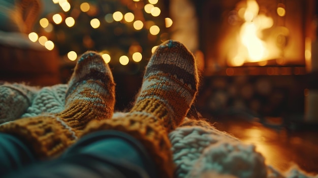 feet with woolen socks near Christmas tree