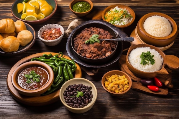 Feijoada and side dishes such as cassava rice beans farofa seasonings and salad traditional brazilian food for lunch or dinner generative ai