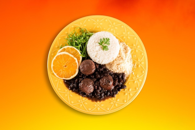 Feijoada Traditional Brazilian dish Top view with colored gradient background