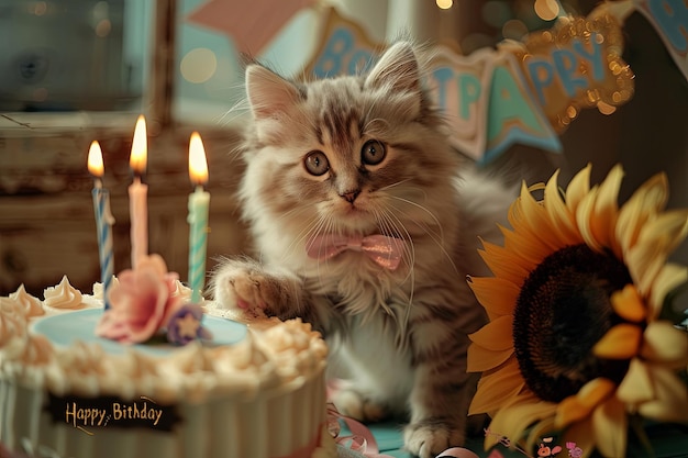 Felidae is standing next to a birthday cake with candles