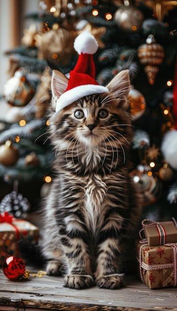 Felidae presents a Christmas ornament in front of a holiday tree