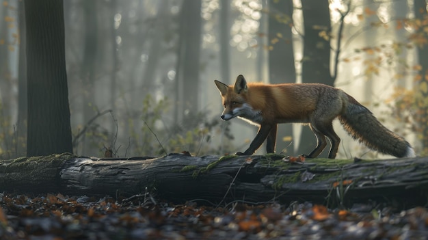 Felidae swift fox is crossing a log in the woodland biome